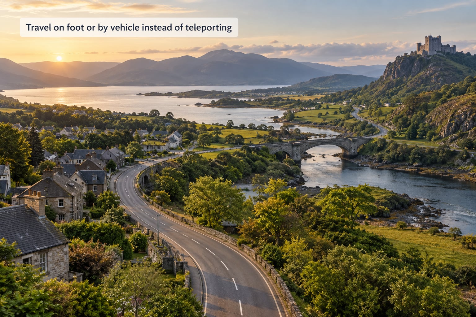 Travel on foot or by vehicle instead of teleporting
