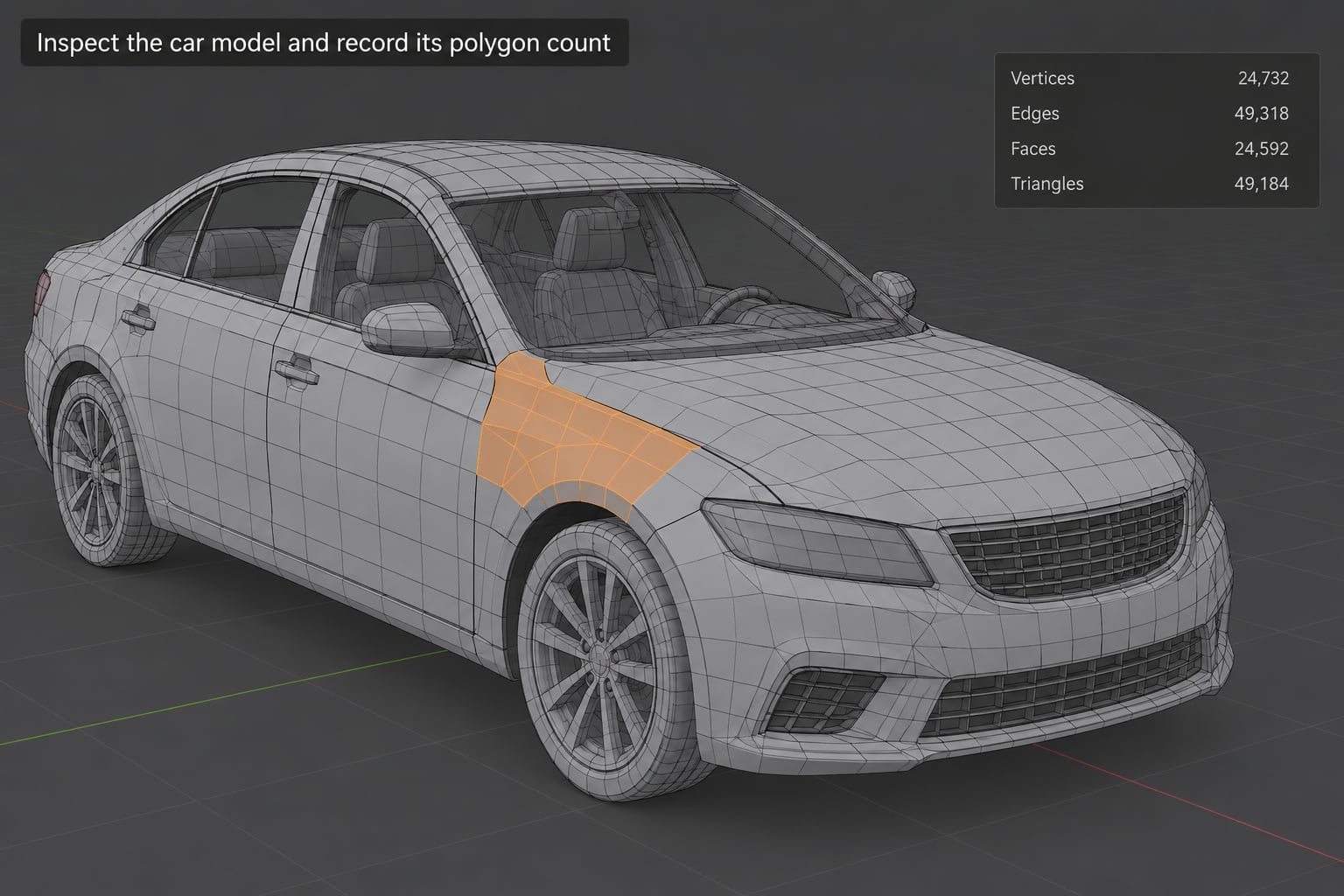 Inspect the car model and record its polygon count