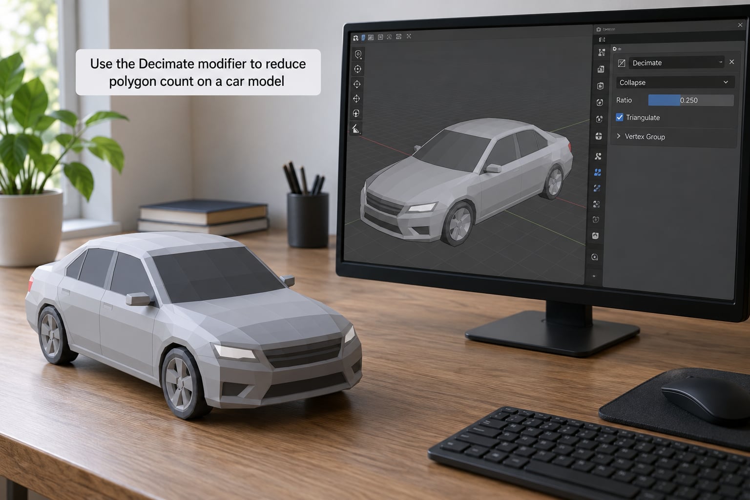Use the Decimate modifier to reduce polygon count on a car model